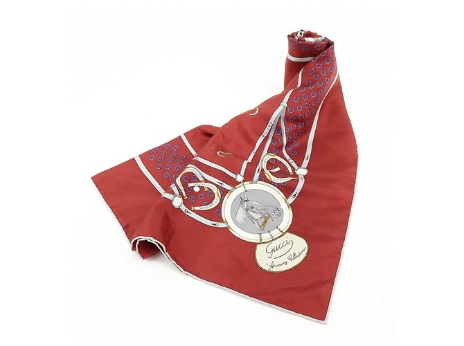 Sciarpa GUCCI 100% Seta Double G Horseshoe Bordeaux White Blue - vista 15