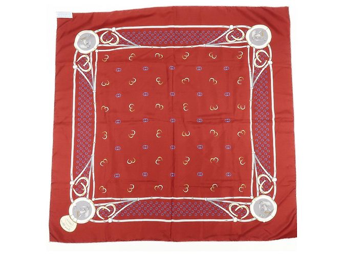 Sciarpa GUCCI 100% Seta Double G Horseshoe Bordeaux White Blue - vista 2