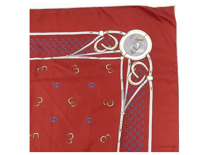 Sciarpa GUCCI 100% Seta Double G Horseshoe Bordeaux White Blue - vista 3