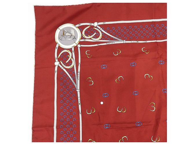 Sciarpa GUCCI 100% Seta Double G Horseshoe Bordeaux White Blue - vista 4
