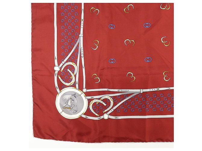 Sciarpa GUCCI 100% Seta Double G Horseshoe Bordeaux White Blue - vista 5