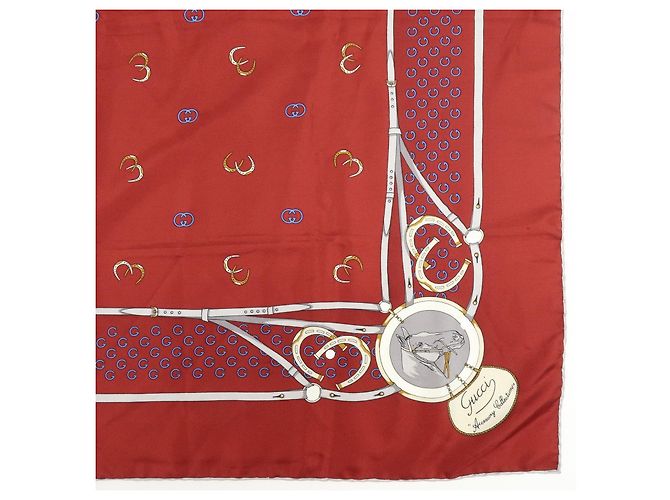 Sciarpa GUCCI 100% Seta Double G Horseshoe Bordeaux White Blue - vista 6