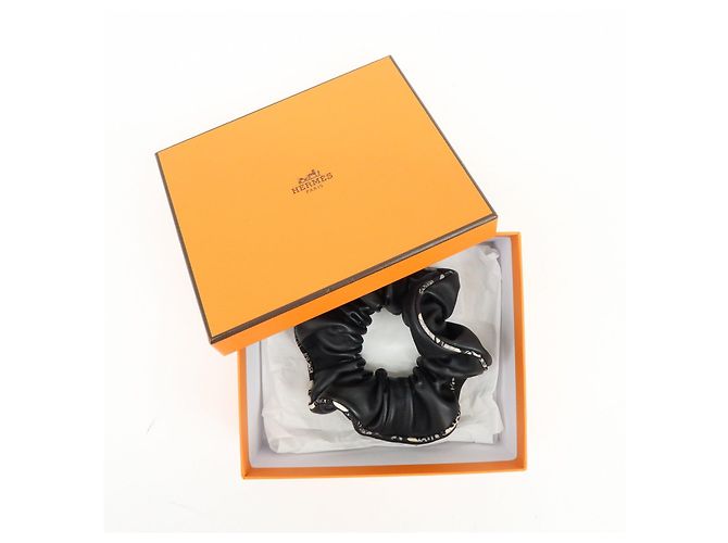 Hermès HERMES Accessorio per capelli elastico in pelle di agnello Milo Nero Bianco - vista 12