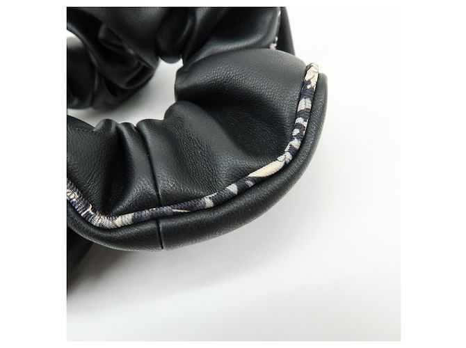 Hermès HERMES Accessorio per capelli elastico in pelle di agnello Milo Nero Bianco - vista 7