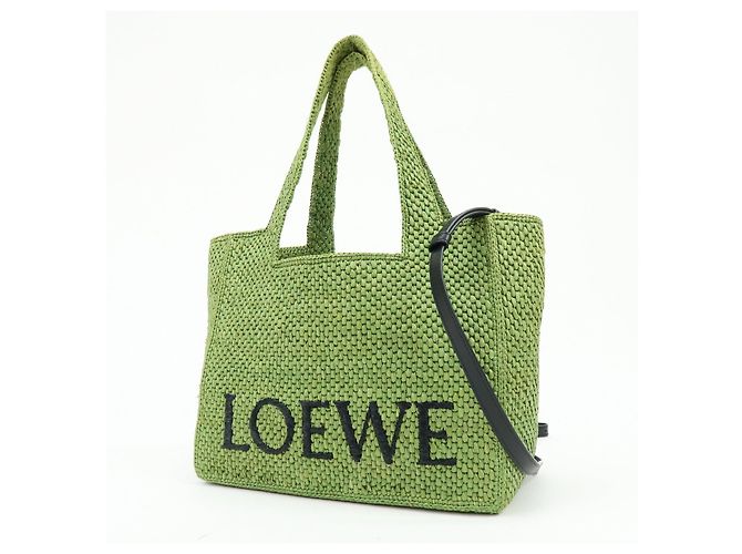 LOEWE Font Tote Raffia Leather 2Way Bag Borsa Tote Borsa a Tracolla Verde - vista 3