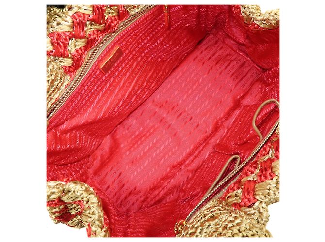 PRADA Borsa Tote in Raffia Logo Triangle Canapa Borsa a Mano Natural Red BN2303 - vista 10