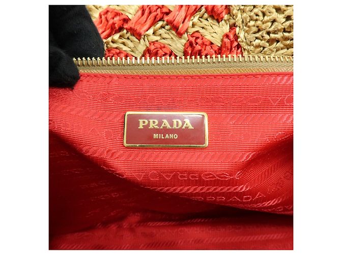 PRADA Borsa Tote in Raffia Logo Triangle Canapa Borsa a Mano Natural Red BN2303 - vista 11