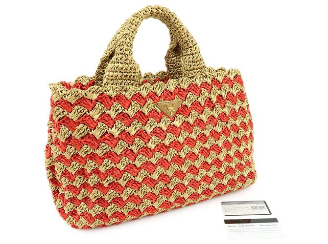 PRADA Borsa Tote in Raffia Logo Triangle Canapa Borsa a Mano Natural Red BN2303 - vista 12