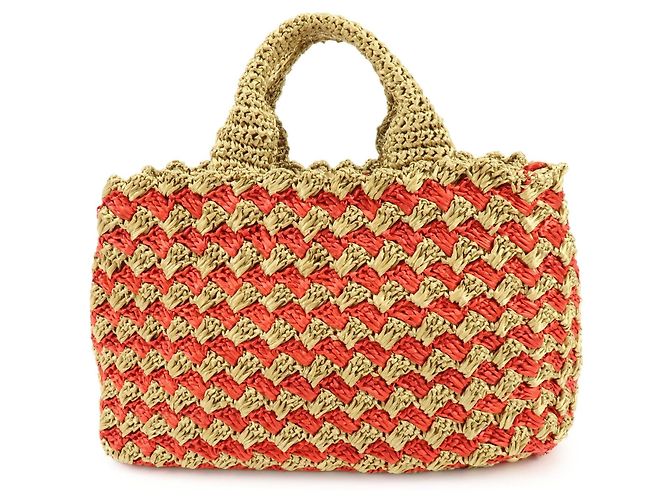 PRADA Borsa Tote in Raffia Logo Triangle Canapa Borsa a Mano Natural Red BN2303 - vista 2
