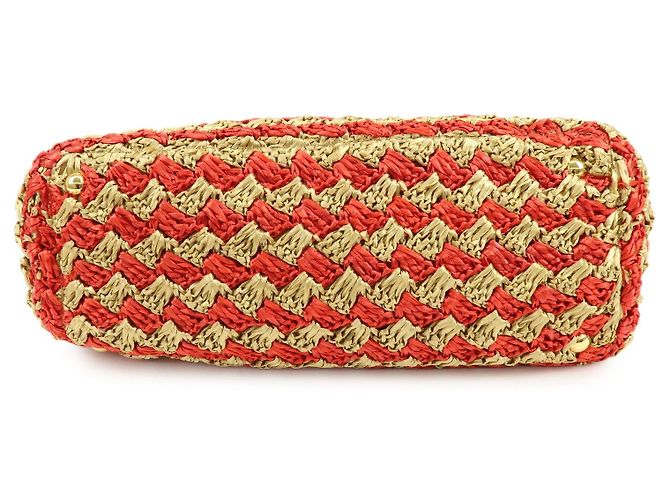 PRADA Borsa Tote in Raffia Logo Triangle Canapa Borsa a Mano Natural Red BN2303 - vista 3