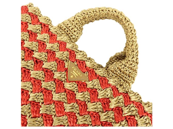 PRADA Borsa Tote in Raffia Logo Triangle Canapa Borsa a Mano Natural Red BN2303 - vista 4