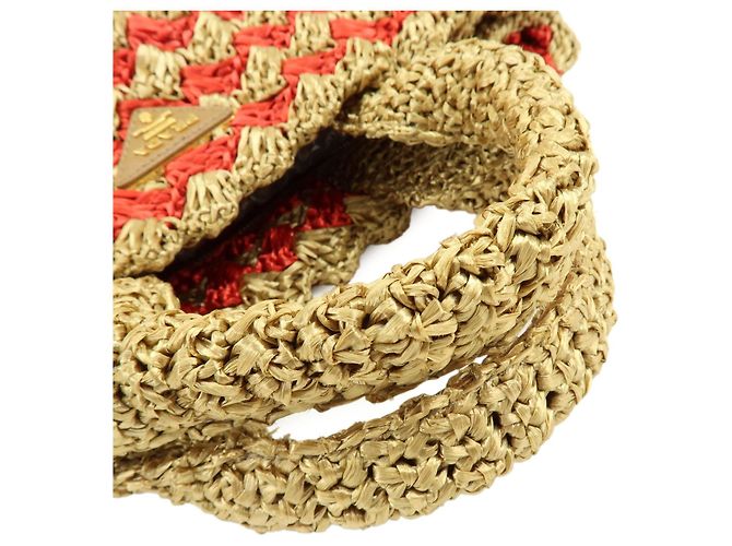 PRADA Borsa Tote in Raffia Logo Triangle Canapa Borsa a Mano Natural Red BN2303 - vista 5