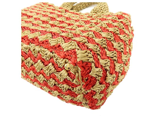 PRADA Borsa Tote in Raffia Logo Triangle Canapa Borsa a Mano Natural Red BN2303 - vista 6