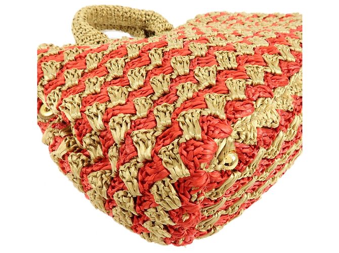 PRADA Borsa Tote in Raffia Logo Triangle Canapa Borsa a Mano Natural Red BN2303 - vista 7