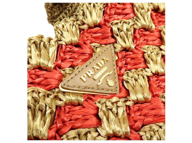 PRADA Borsa Tote in Raffia Logo Triangle Canapa Borsa a Mano Natural Red BN2303 - vista 9