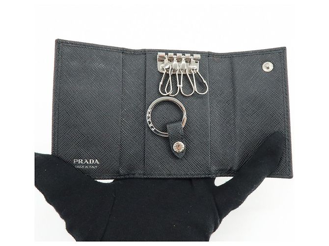 PRADA Triangle Logo Saffiano Leather Key Case Key Ring Black 1PG004 - view 13
