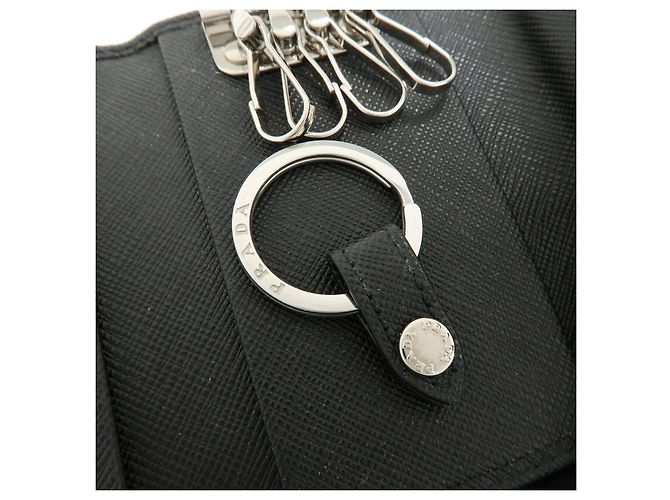 PRADA Triangle Logo Saffiano Leather Key Case Key Ring Black 1PG004 - view 15
