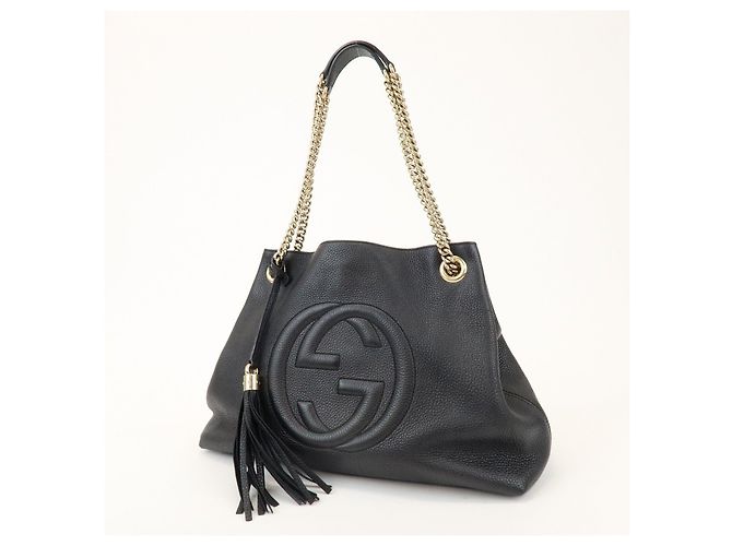 GUCCI SOHO Borsa a tracolla in pelle con catena e G intrecciate Nero 308982 - vista 3