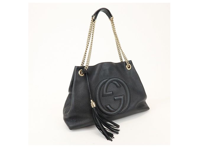 GUCCI SOHO Borsa a tracolla in pelle con catena e G intrecciate Nero 308982 - vista 4
