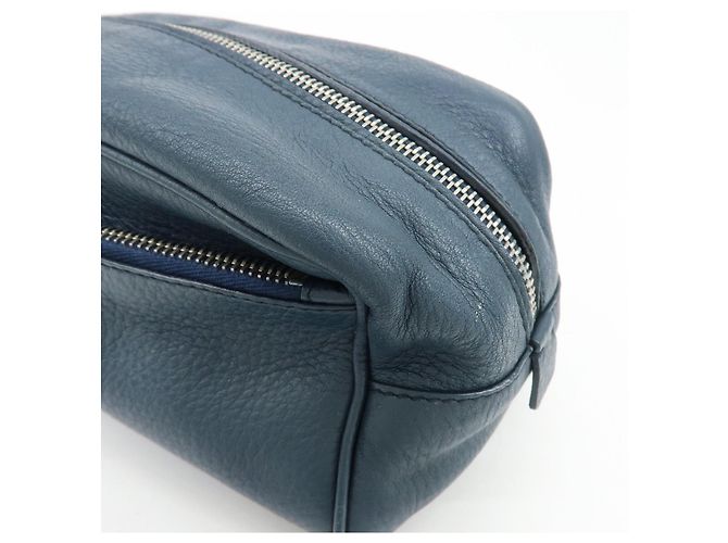 PRADA Triangle Logo Leather Cosmetic Pouch Accessory Pouch Navy - view 11
