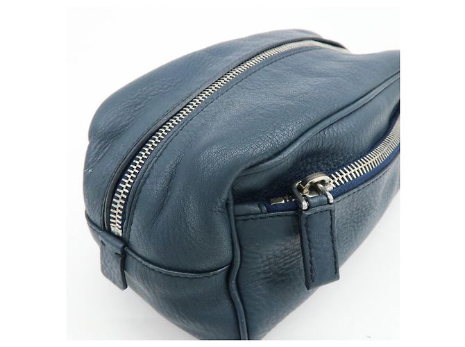 PRADA Triangle Logo Leather Cosmetic Pouch Accessory Pouch Navy - view 12