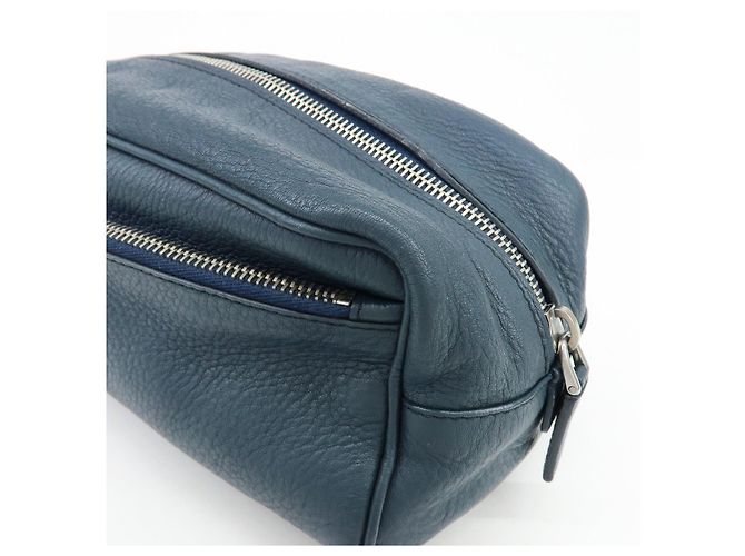 PRADA Triangle Logo Leather Cosmetic Pouch Accessory Pouch Navy - view 13