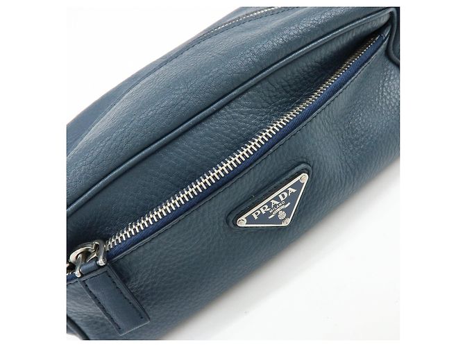 PRADA Triangle Logo Leather Cosmetic Pouch Accessory Pouch Navy - view 15