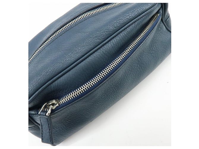 PRADA Triangle Logo Leather Cosmetic Pouch Accessory Pouch Navy - view 16