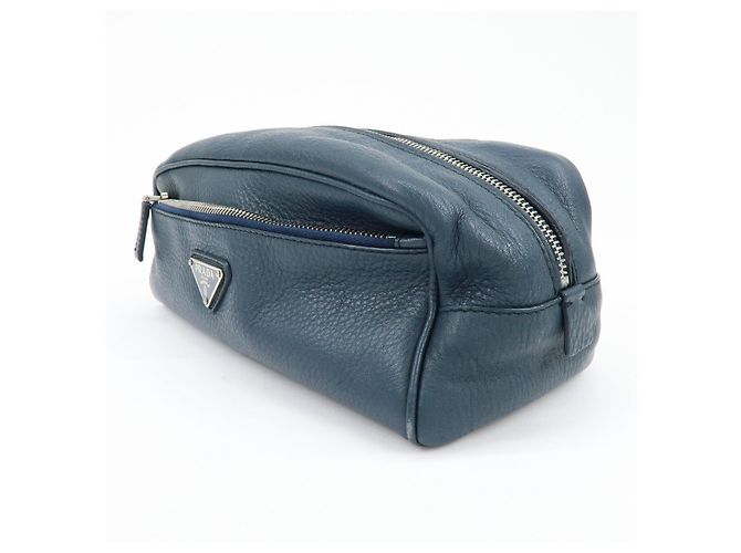 PRADA Triangle Logo Leather Cosmetic Pouch Accessory Pouch Navy - view 3