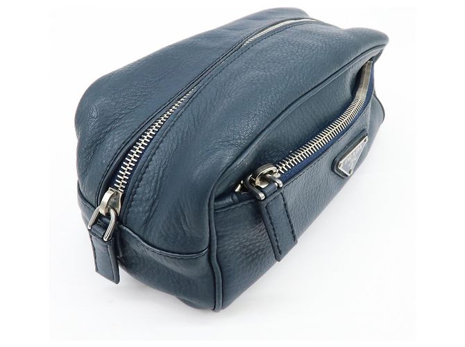 PRADA Triangle Logo Leather Cosmetic Pouch Accessory Pouch Navy - view 4