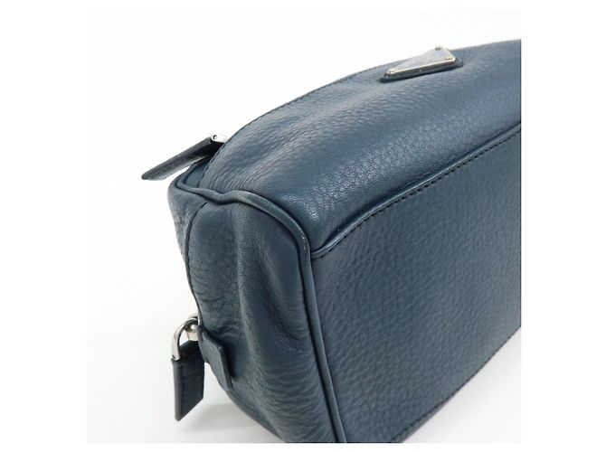 PRADA Triangle Logo Leather Cosmetic Pouch Accessory Pouch Navy - view 6