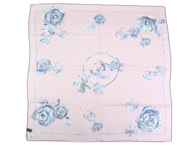 Sciarpa CHANEL COCO Mark 100% seta fiori rosa blu - vista 2