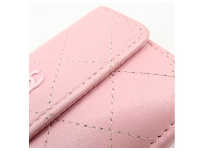 Autre Marque CHANEL COCO Mark Wild Stitch Calf Skin Tri-Fold Compact Wallet Pink - vista 15