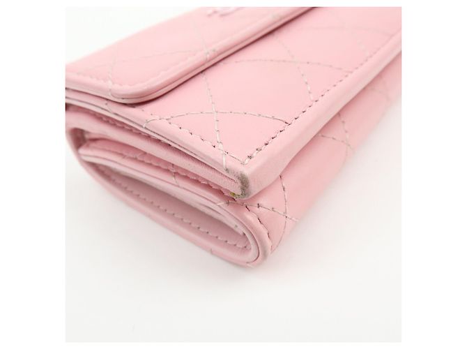 Autre Marque CHANEL COCO Mark Wild Stitch Calf Skin Tri-Fold Compact Wallet Pink - vista 7
