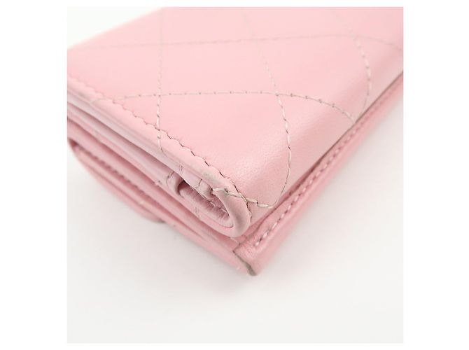 Autre Marque CHANEL COCO Mark Wild Stitch Calf Skin Tri-Fold Compact Wallet Pink - vista 9