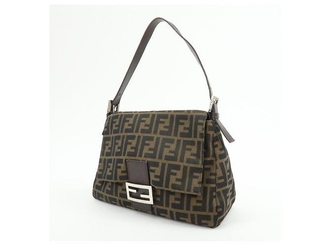FENDI Mamma Baguette Borsa a tracolla in tela Zucca e pelle Marrone 26325 - vista 3