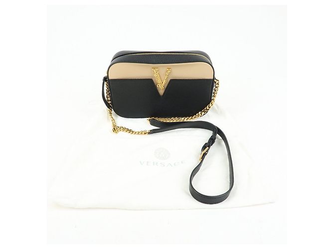 Borsa a tracolla in pelle VERSACE Virtus Nero Beige - vista 24