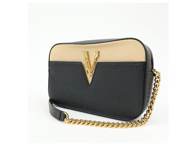Borsa a tracolla in pelle VERSACE Virtus Nero Beige - vista 3