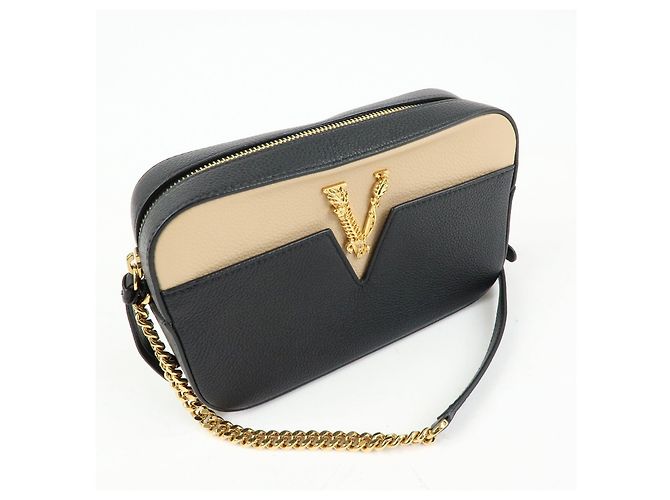 Borsa a tracolla in pelle VERSACE Virtus Nero Beige - vista 4