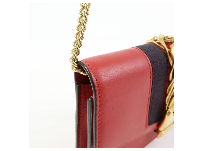 GUCCI Sylvie Sherry Mini Borsa a Tracolla in Pelle con Catena Rosso e Blu Navy 494646 - vista 12