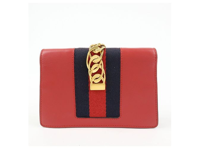 GUCCI Sylvie Sherry Mini Borsa a Tracolla in Pelle con Catena Rosso e Blu Navy 494646 - vista 2