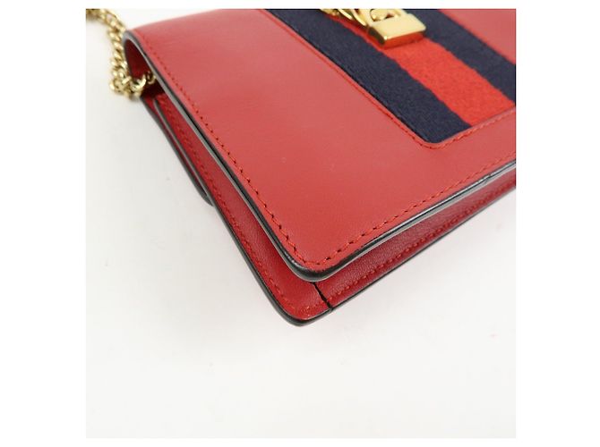 GUCCI Sylvie Sherry Mini Borsa a Tracolla in Pelle con Catena Rosso e Blu Navy 494646 - vista 9