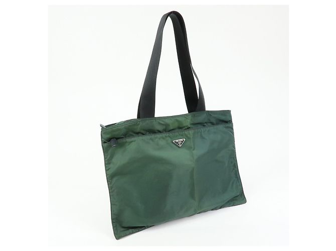 PRADA Triangle Logo Nylon Leder Tote Bag Handtasche, Moss Green - Ansicht 4