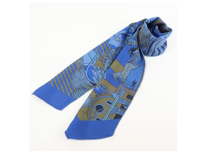 Hermès HERMES Maxi Twilly Silk 100% Scarf ANIMAPOLIS Blue Beige Black - vista 17
