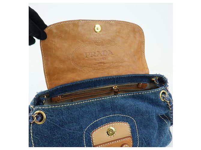 PRADA Bolsa de Ombro em Couro Denim com Aba Frontal Blue Camel BR4659 - vista 19