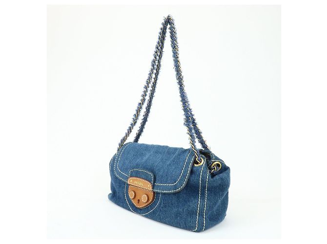 PRADA Bolsa de Ombro em Couro Denim com Aba Frontal Blue Camel BR4659 - vista 3