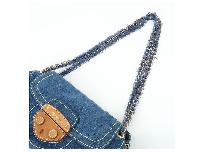 PRADA Bolsa de Ombro em Couro Denim com Aba Frontal Blue Camel BR4659 - vista 6