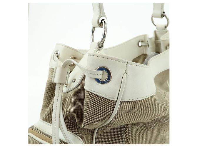 Borsa a spalla PRADA in nylon jacquard con logo triangolare e pelle Beige Ivory - vista 16