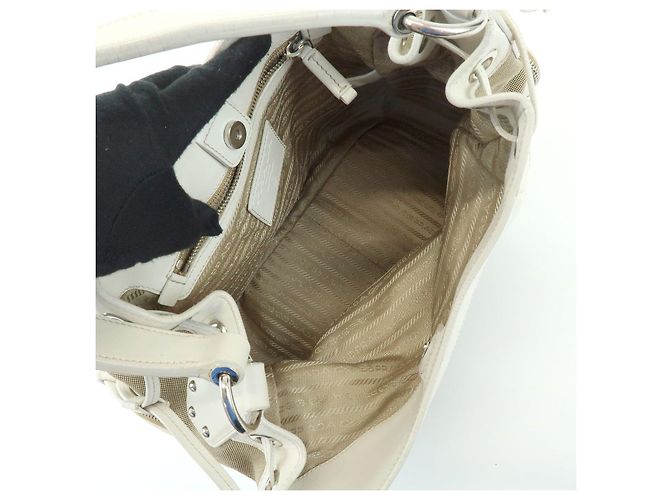 Borsa a spalla PRADA in nylon jacquard con logo triangolare e pelle Beige Ivory - vista 18