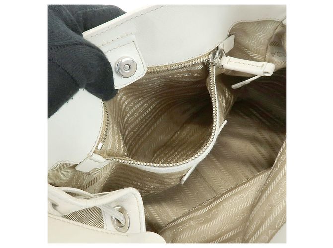 Borsa a spalla PRADA in nylon jacquard con logo triangolare e pelle Beige Ivory - vista 19
